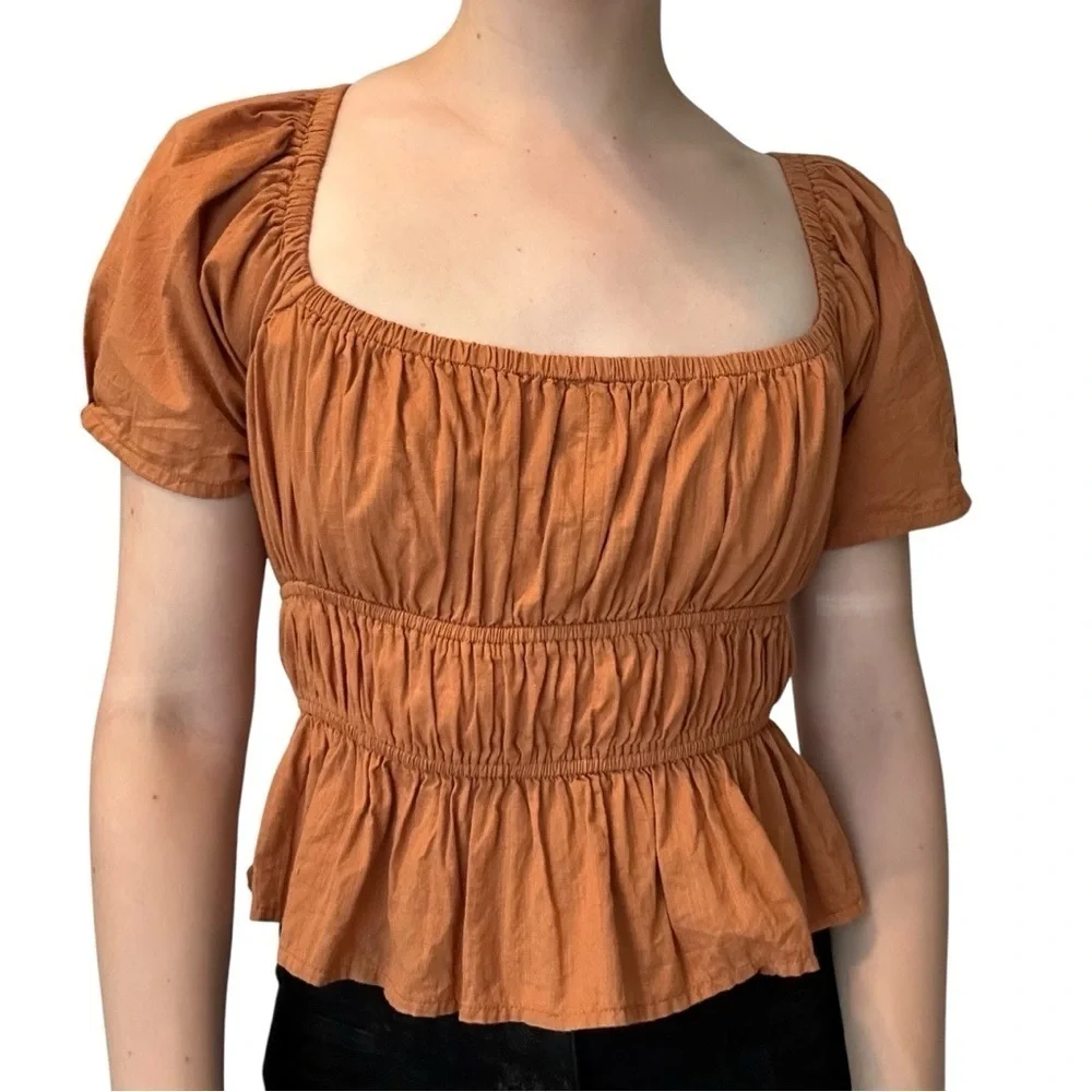 Free People Top Cropped Blouse Lace Up Boho Milkmaid Orange Size Extra Small